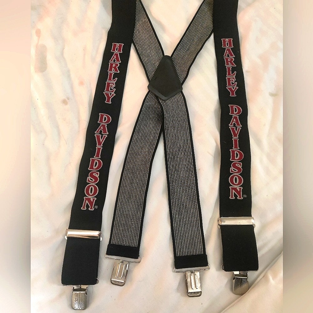 Vintage-Very Old Harley Davidson Elastic Suspenders 2” Black & Red Leather Logo